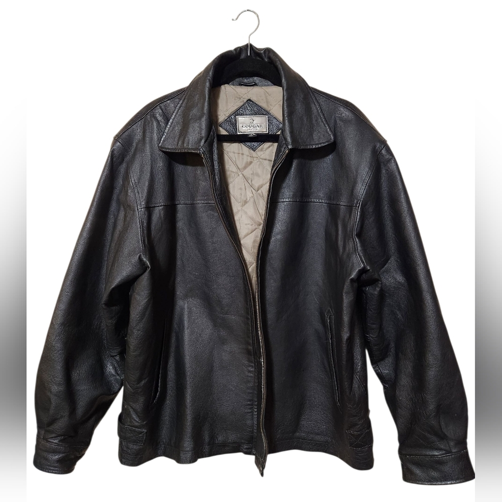 Cougar Black Leather Bomber Jacket Size XL